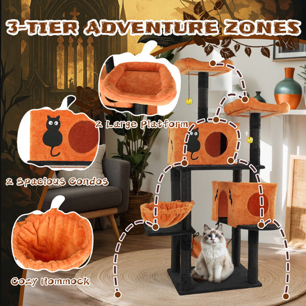 Halloween Cat Tree, Large Cat Tower With 2 Spacious Cat Condos, 2 Padded Perches, 2 Hammocks, Scratching Posts, Hanging Toy, Multi-Level Cat Activities Furniture For Large Cats, Orange & Black Premium Dog & Cat Toys | WhatDaDog Pet Store