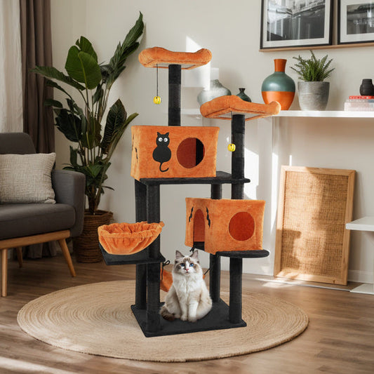 Halloween Cat Tree, Large Cat Tower With 2 Spacious Cat Condos, 2 Padded Perches, 2 Hammocks, Scratching Posts, Hanging Toy, Multi-Level Cat Activities Furniture For Large Cats, Orange & Black Premium Dog & Cat Toys | WhatDaDog Pet Store